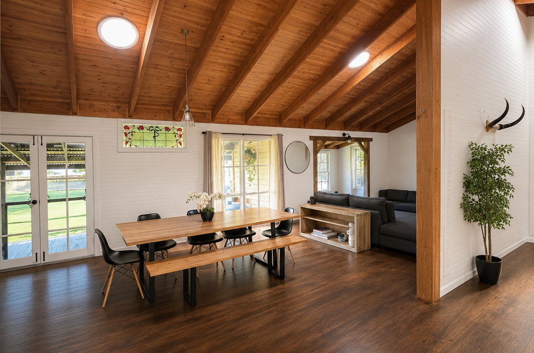 Open-plan dining and living room lit by Solatube diffusers in a timber-lined ceiling