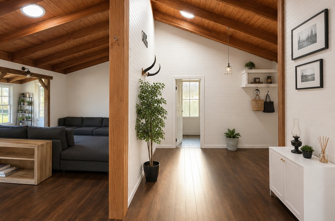 Hallway and lounge brightened by Solatube daylighting in a raked ceiling